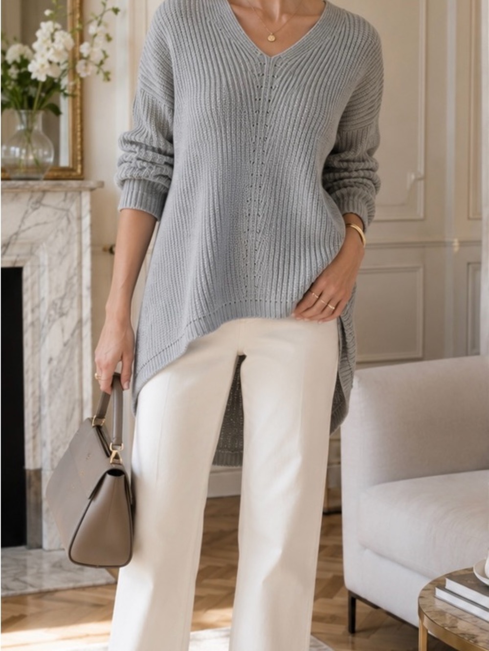 Twigg + Feather Grey Knit V-Neck Sweater Women Size M Asymmetric High Low Hem
